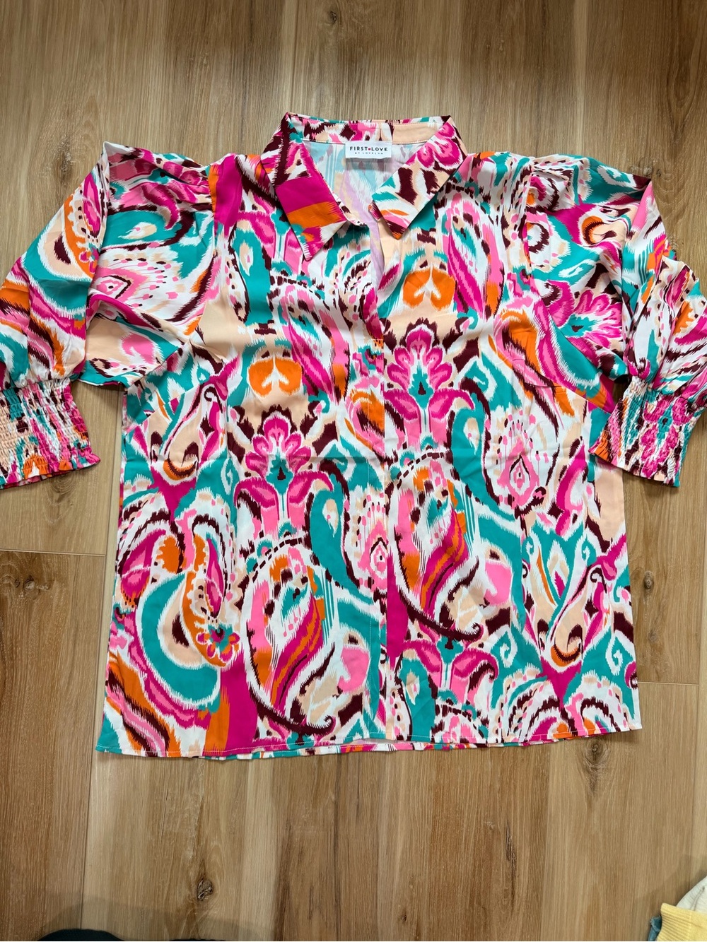 First Love Print Blouse with smocked cuffs - size large